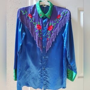 Vintage 70s Cowgirl Colorful Western Rodeo Fringe Embroidered Rose Top 🌹🌹